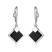 ELLE Sterling Silver & Genuine Black Agate Square Lock Earrings