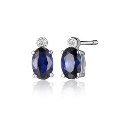 ELLE Sterling Silver Oval Created Blue Sapphire and Genuine Lab Grown Diamond Stud Earrings