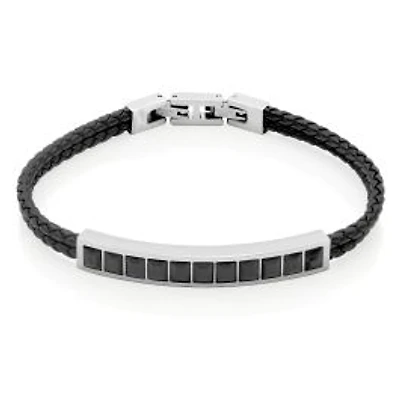 STEELX Stainless Steel Black Cubic Zirconia Leather Bracelet