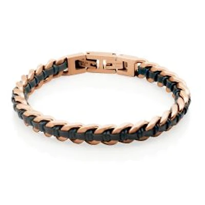 STEELX Stainless Steel Rose Gold Ionic-Plated Black Leather Curb Chain Bracelet