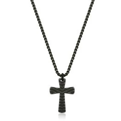 STEELX Stainless Steel Antique Black Plated Cross Pendant with Box Chain Necklace 24"