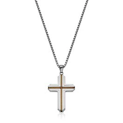 STEELX Stainless Steel Two Tone Cross Pendant Necklace 24"