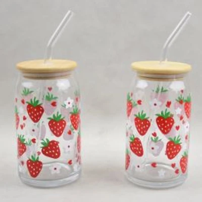 JS Gourmet Glasses with Strawberries decal, Set of 2
