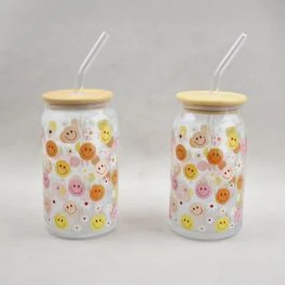 JS Gourmet Glasses with Smiley Faces decal, Set of 2