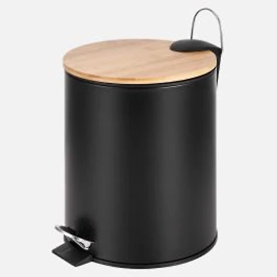 Black Step Bin with Slim Bamboo Lid Powder Coating Body, 5L