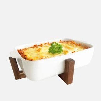 JS Gourmet Ceramic Serving Bowl With Acacia Wood Stand