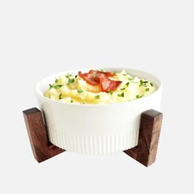 JS Gourmet Round Ceramic Serving Bowl With Acacia Wood Stand