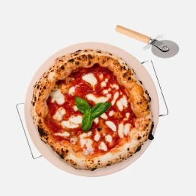 JS GOURMET Embossed Design Pizza Stone Set with Pizza Cutter and Rack, 15"