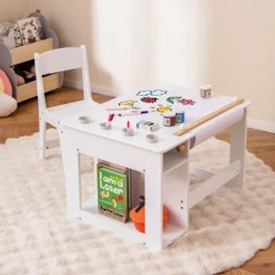 Kids Art Table and Chair Set Toddler Craft Drawing Desk - White