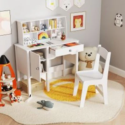 Kids Study Desk and Chair Set, Chair Hutch and Storage Cabinet for 3+ Years Old - White