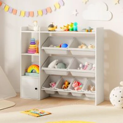 Kids Toy Storage and Bookshelf, Open Shelves and Single-door Cabinet - White