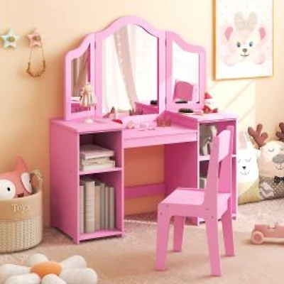 Kids Vanity Table and Chair Set, Removable Tri-Folding Mirror - Pink
