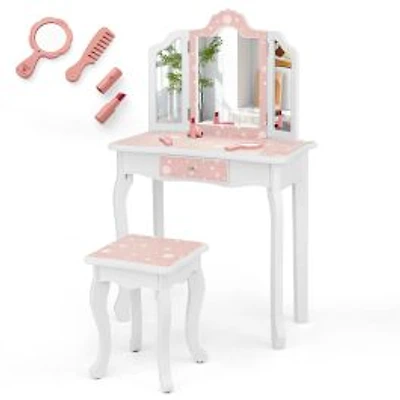 Princess Pretend Play Makeup Table and Stool Set, Tri-folding Mirror - Pink