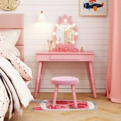 Kids Vanity Set, Lighted Mirror with Adjustable Brightness and Large Drawer