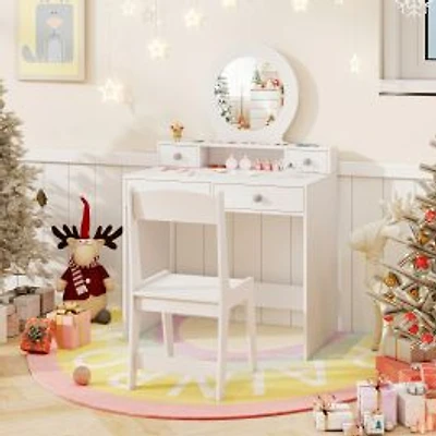 Kids Vanity Set, Mirror Princess Makeup Dressing Desk and Chair Set with Mirror - White