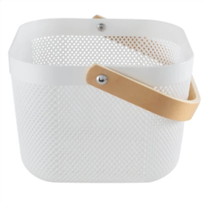 Mesh Storage Basket With Wooden Handle - White