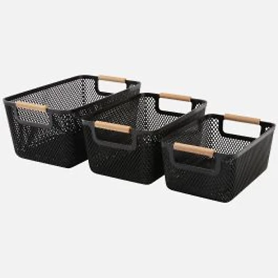 N&T Malla Basket With Wooden Handles, Set of 3 - Black
