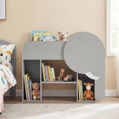 Montessori Bookshelf, Elephant Shape 3-Tier Toddler Toy Storage Organizer - Grey