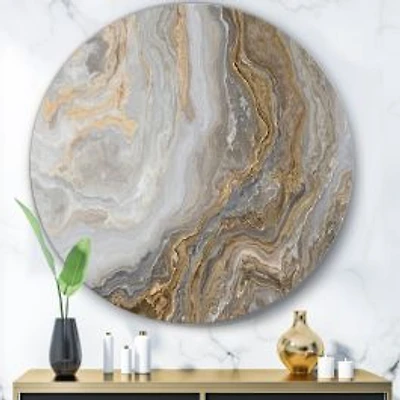 White Marble with Curley Grey and Gold Veins Round Wall Art