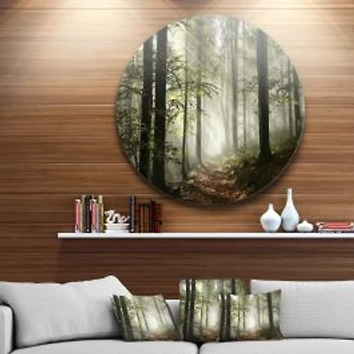 Light in Dense Fall Forest with Fog Round Wall Art