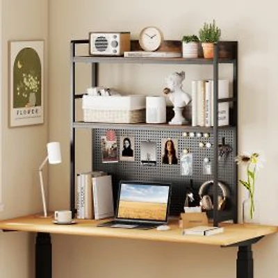 Multipurpose 2-Tier Desktop Bookshelf, Pegboard for up to 32" Computer Monitor - Rustic Brown