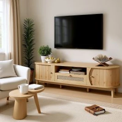 Rattan TV Cabinet with Doors and Drawers