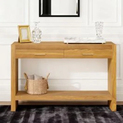 Natural Wood Farmhouse Console Table with Storage