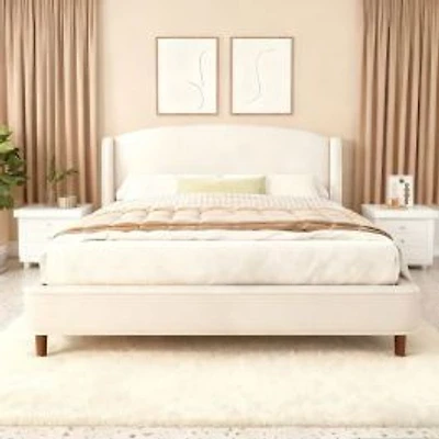 King Upholstered Platform Bed with Wingback Headboard – Beige