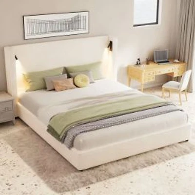 King Upholstered Bed with Wingback Headboard & Reading Lamps – Beige