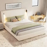 King Upholstered Bed with Wingback Headboard & Reading Lamps – Beige
