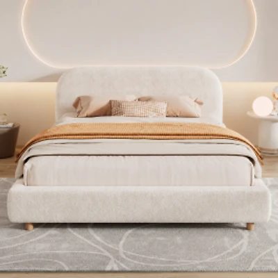 Modern Minimalist Loop-Pile Upholstered Bed Frame – King, White