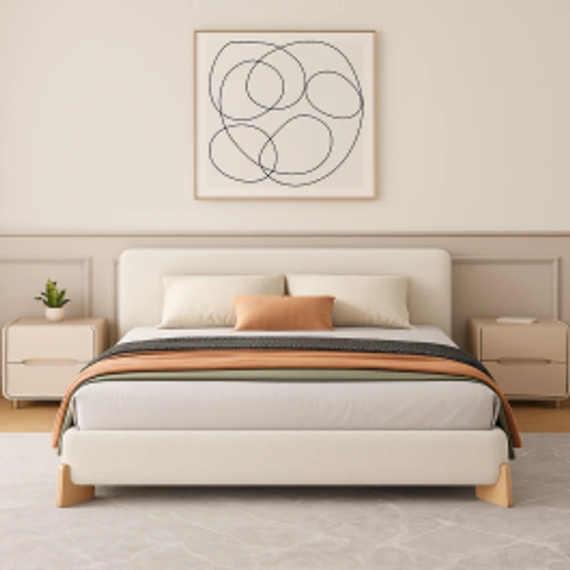 Elegant White Boucle Upholstered Bed with Solid Wood Frame – King