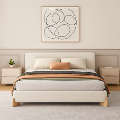 Elegant White Boucle Upholstered Bed with Solid Wood Frame – King