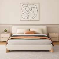 Elegant White Boucle Upholstered Bed with Solid Wood Frame – King
