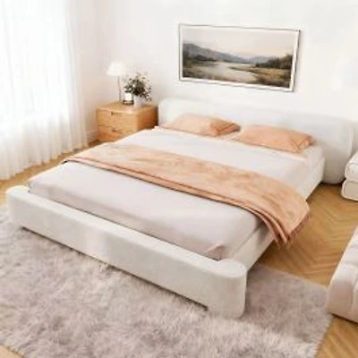 Cozy White Boucle Upholstered Bed – Queen
