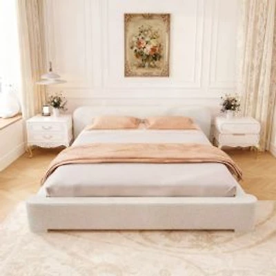 Cozy White Boucle Upholstered Bed – King