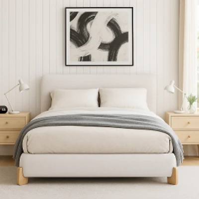 Elegant White Boucle Upholstered Bed with Solid Wood Frame – Queen