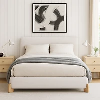Elegant White Boucle Upholstered Bed with Solid Wood Frame – Queen