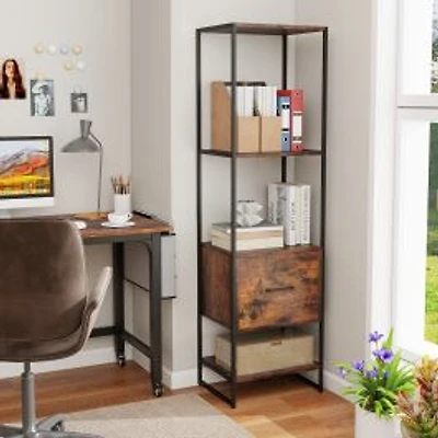 5-Tier Narrow Bookcase, 4 Open Shelves and Storage Drawer