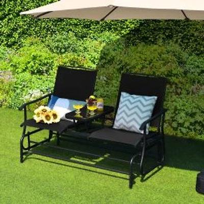 2-Person Double Rocking Loveseat, Mesh Fabric and Center Tempered Glass Table - Black