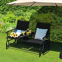 2-Person Double Rocking Loveseat, Mesh Fabric and Center Tempered Glass Table - Black