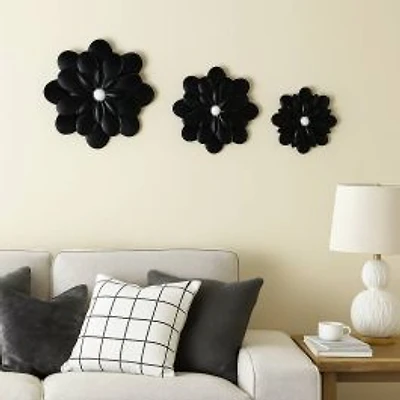 Set of 3 Wall Art Flowers, Black
