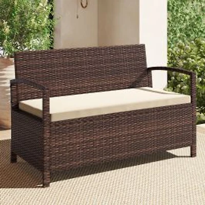 Outdoor PE Wicker Storage Bench 2 Seater, Cushion and 42 Gallon Deck Box - Beige