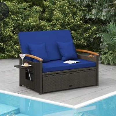 Outdoor Wicker Daybed, Folding Panels and Storage Ottoman - Navy