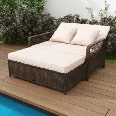 Patio Adjustable Wicker Daybed, 4-Level Backrest and Soft Cushions - Beige