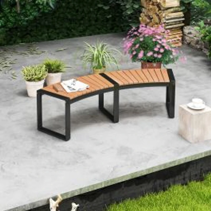 Banc de terrasse incurvé, assise à lattes et pieds en métal - 1 pièce