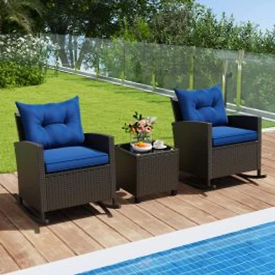 3-Piece Patio Rattan Rocker Chairs, Tempered Glass Table and Soft Cushions