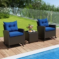 Ensemble de 3 chaises à bascule en rotin pour terrasse, table en verre trempé et coussins moelleux