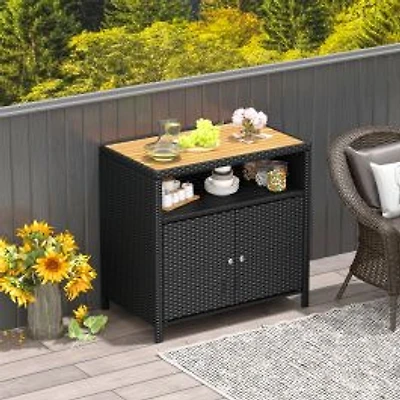 Rattan Storage Cabinet, Acacia Wood Countertop for Poolside Deck and Patio