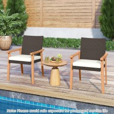 PE Rattan Outdoor Patio Dining Chair Set of 2, Removable Cushion and Acacia Wood Armrests - White